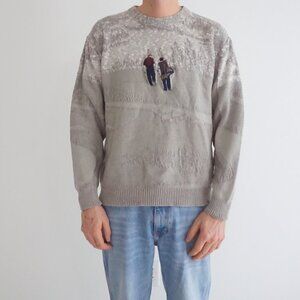 Carmel Beige Knit Sweater With Embroidered Walking Golfers Scene Crewneck Medium